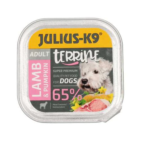 Julius-K9 Terrine tálkás teljes értékű eledel felnőtt kutyák számára - bárány sütőtökkel 150 g