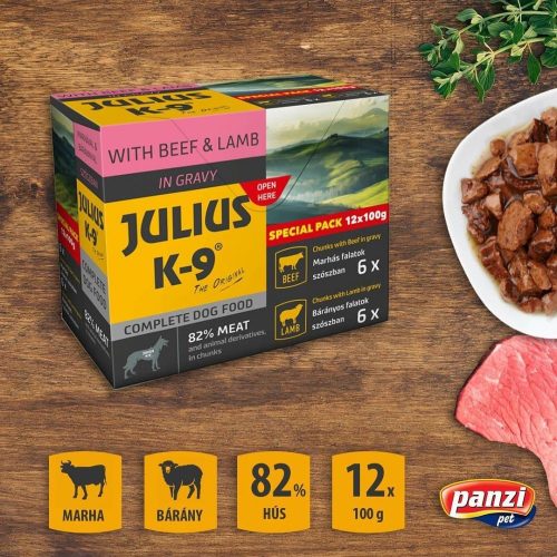 Julius-K9 Beef & Lamb szószos falatok kutyáknak 12x100gr. - Marhával és Báránnyal 6x100gr. Marha és 6x100gr. Bárány.
