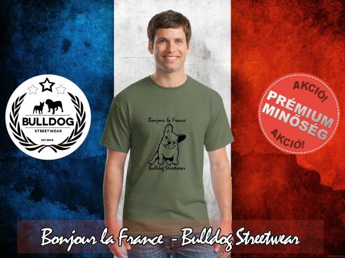 Bulldog Streetwear Férfi Póló - Bonjour la France mintával  Szín: Heather Military Green