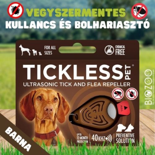 Vegyszermentes ultrahangos kullancs- és bolhariasztó medál kutyáknak és macskáknak, TICKLESS - barna