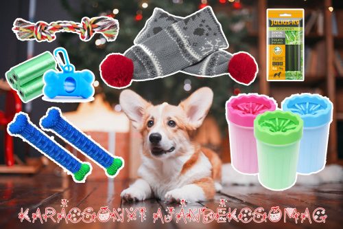 Karácsonyi Ajándékcsomag 5. - Karácsonyi sál + Mud Buster Mancsmosó + ChewBrush játék + Trixie Kötéljáték + Julius-K9 Dental Sticks + Kakizacsi + Tartó