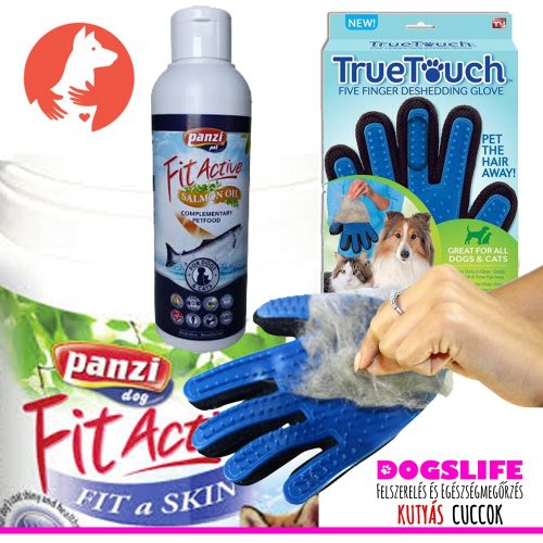 Dogs Life Skin Protect - Szőrápoló Csomag 3darabos (FitActive lazacolaj, True Touch kesztyű, FitActive Fit-A-Skin tabletta)